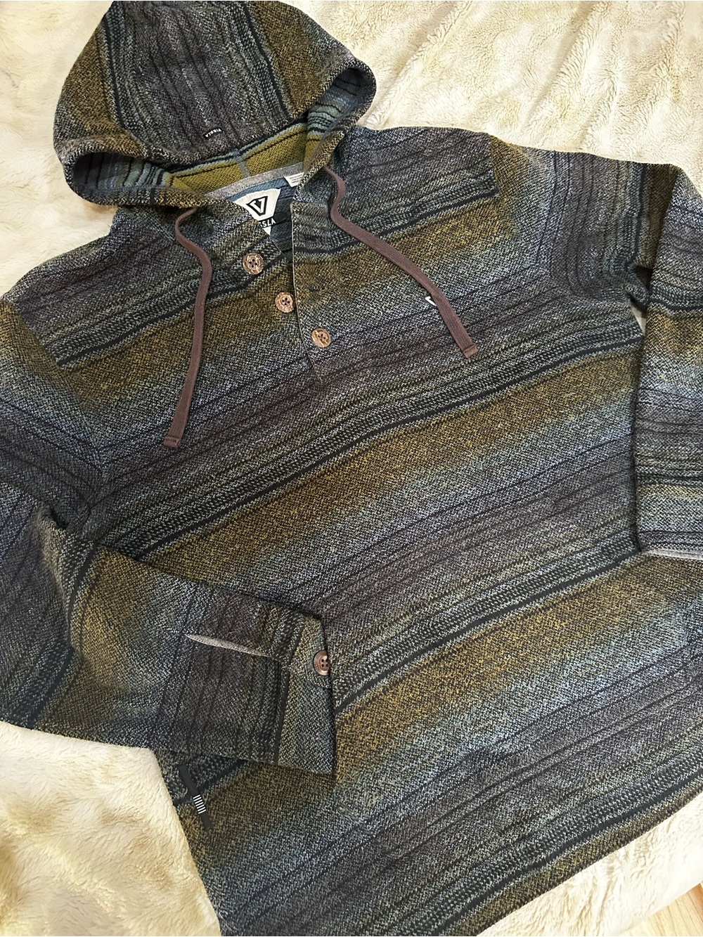 VISSLA Olive & Charcoal Striped Knit Hoodie
